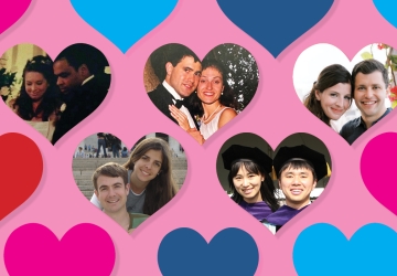 Photos of five couples surrounded by hearts