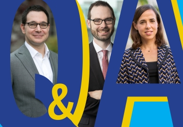 Graphic letters Q&A with two men and a woman superimposed