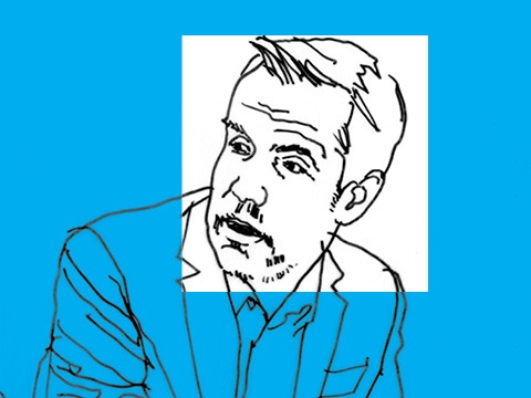 Line art of professor Eric Talley on a blue background