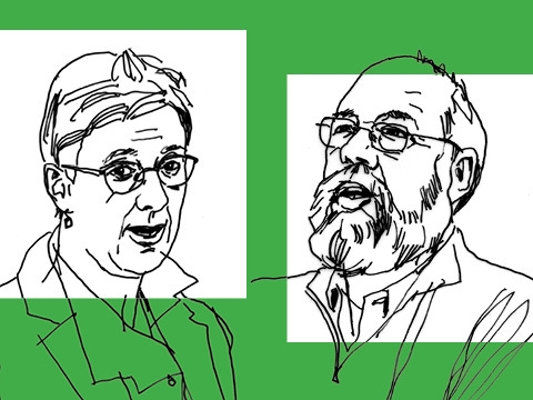 Line drawings of professors Katharina Pistor and Michael Graetz on a green background