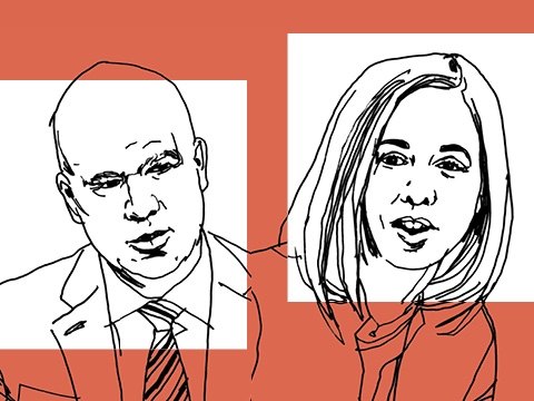 A line drawing of Professor Kathryn Judge and Peter Conti-Brown on an orange background