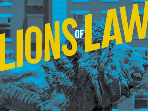 Lions of Law yellow text superimposed on the image of the Columbia Lion