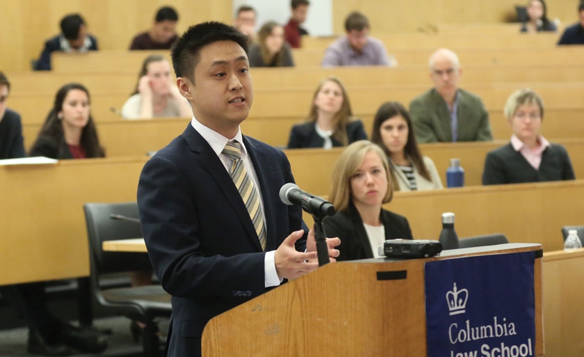A student competes at the annual Harlan Fiske Stone Moot Court Competition