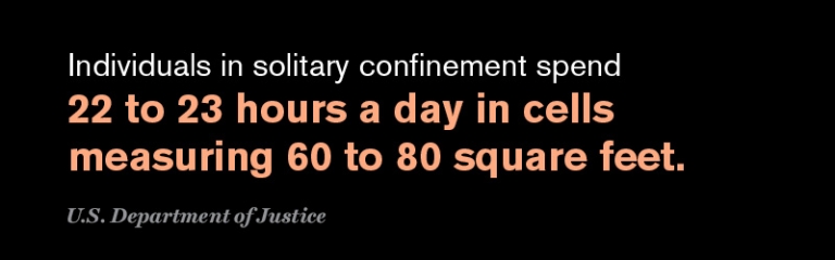 Individuals in solitary confinement spend 22 to 23 hours a day in cells measuring 60 to 80 square feet.