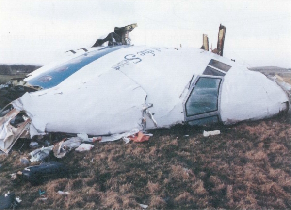 Airplane wreckage in a field 