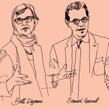 Line art drawing of professor Brett Dignam and Bernard Harcourt