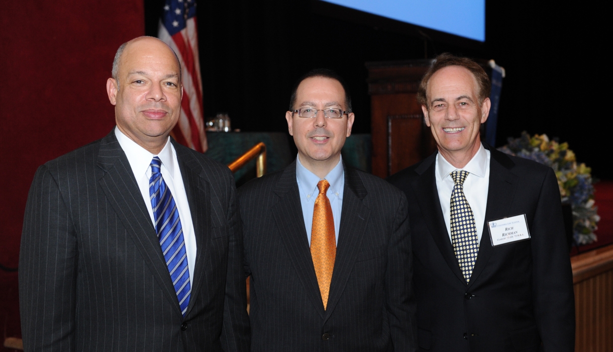 2012 Medal for Excellence winners Jeh Charles Johnson ’82 and Richard Paul Richman ’72 J.D., ’73 M.B.A with Dean David Schizer