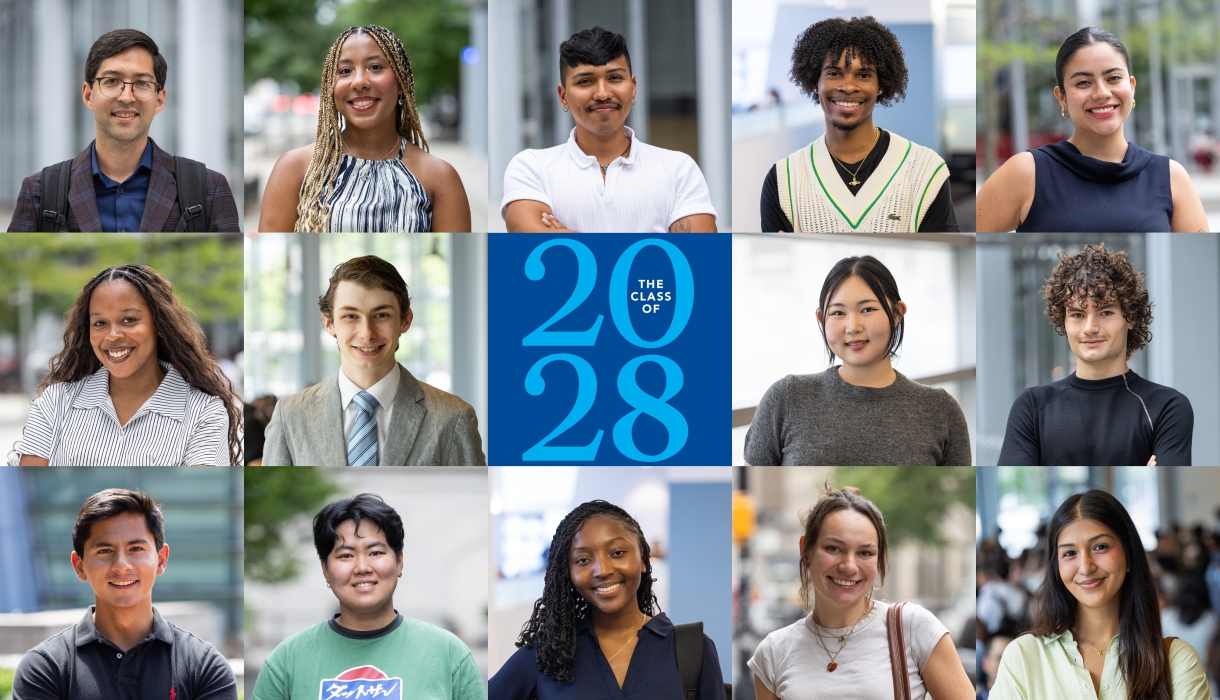 Composite of headshots of 14 members of the Class of 2028 with text that reads The Class of 2028