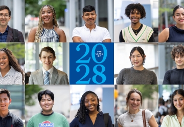 Composite of headshots of 14 members of the Class of 2028 with text that reads The Class of 2028