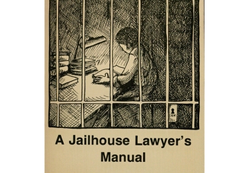 An illustration of a person behind cell bars reading a book, with the title A Jailhouse Lawyer's Manual