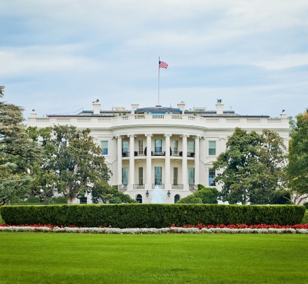 The White House with a blue sky behind and a green lawn in front