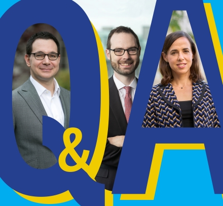 Graphic letters Q&A with two men and a woman superimposed