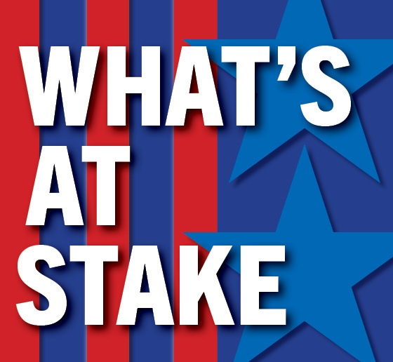 What's At Stake stars and stripes graphic in red and blue