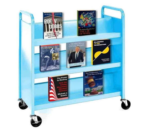 Book carts with covers of books by Columbia Law faculty